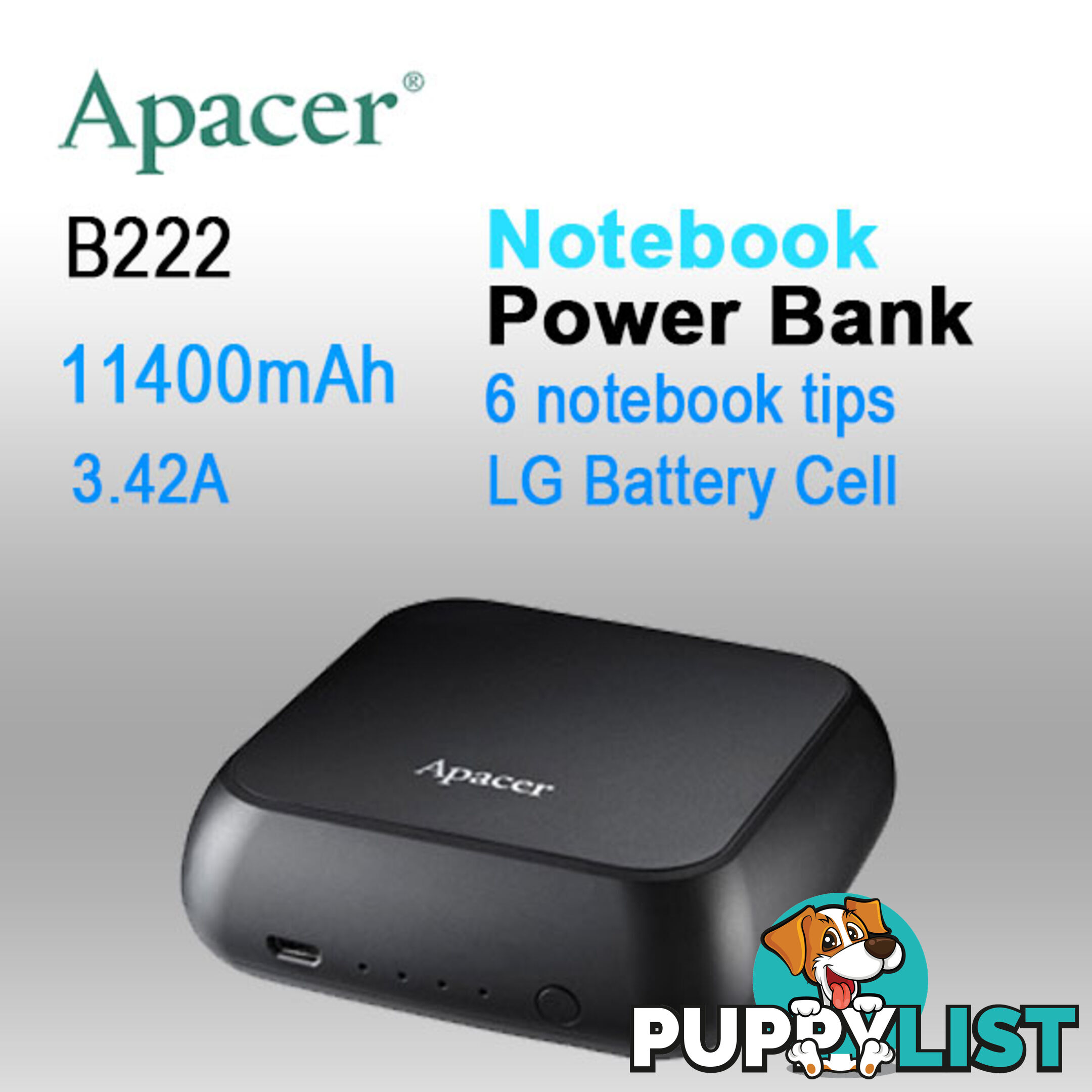 APACER mini NOTEBOOK POWER BANK B222 11400mAh with 6 tips,2x Fast USB Charger for Smart phone, Tablet etc.