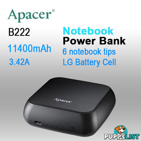 APACER mini NOTEBOOK POWER BANK B222 11400mAh with 6 tips,2x Fast USB Charger for Smart phone, Tablet etc.