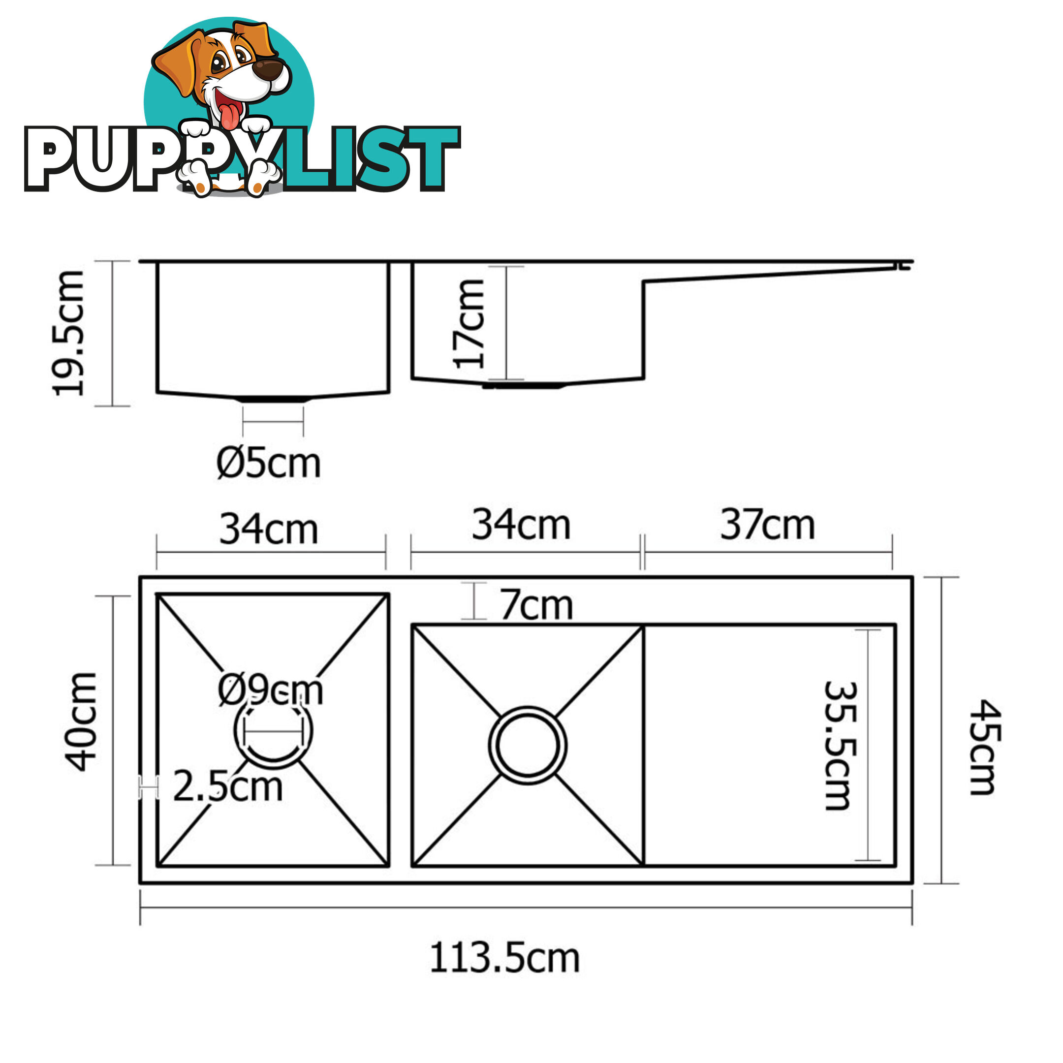 Stainless Steel Kitchen/Laundry Sink w/ Strainer Waste 1135 x 450mm