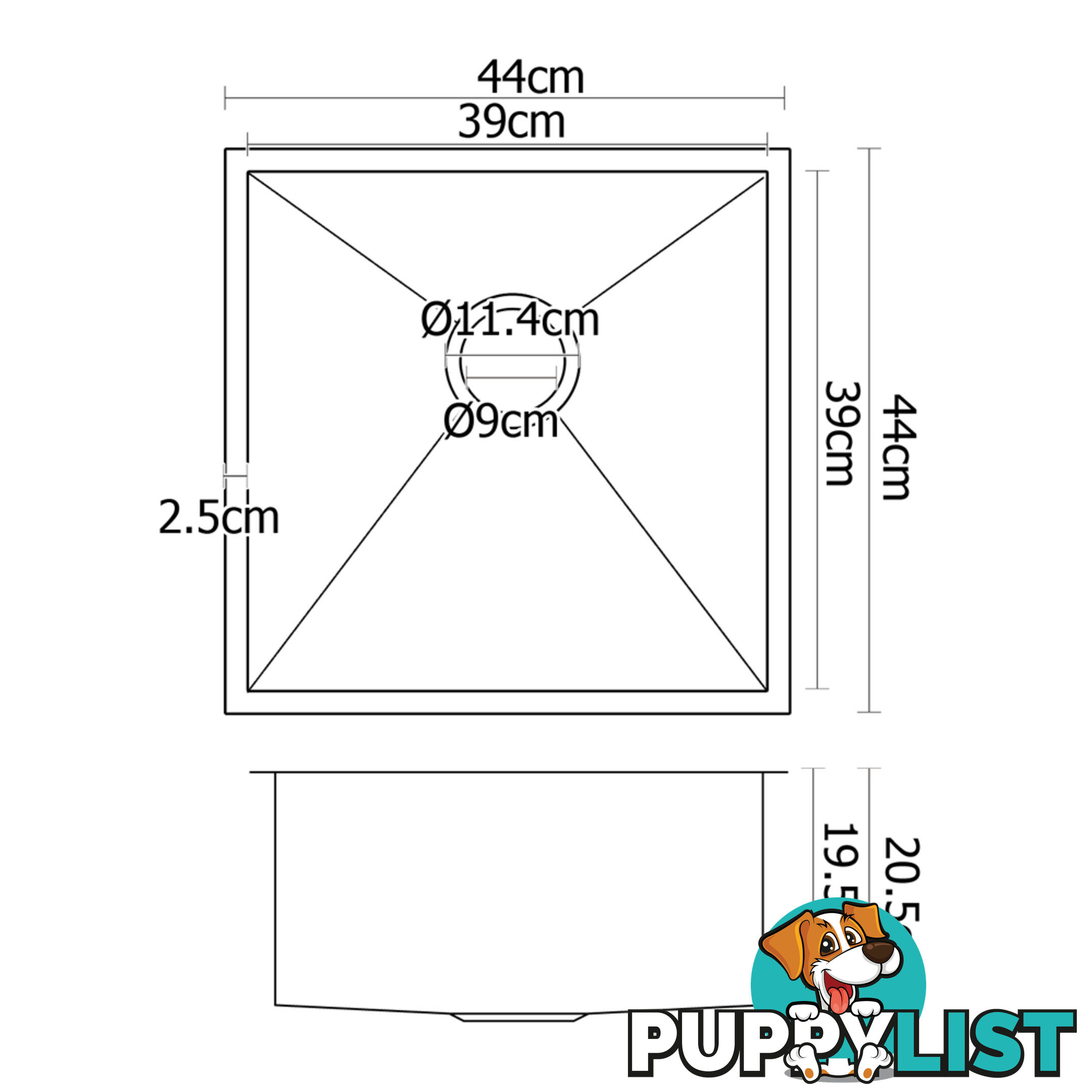 Stainless Steel Kitchen/Laundry Sink w/ Strainer Waste 440 x 440 mm