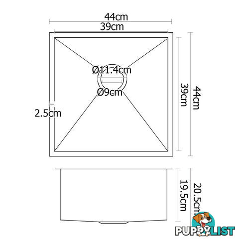 Stainless Steel Kitchen/Laundry Sink w/ Strainer Waste 440 x 440 mm