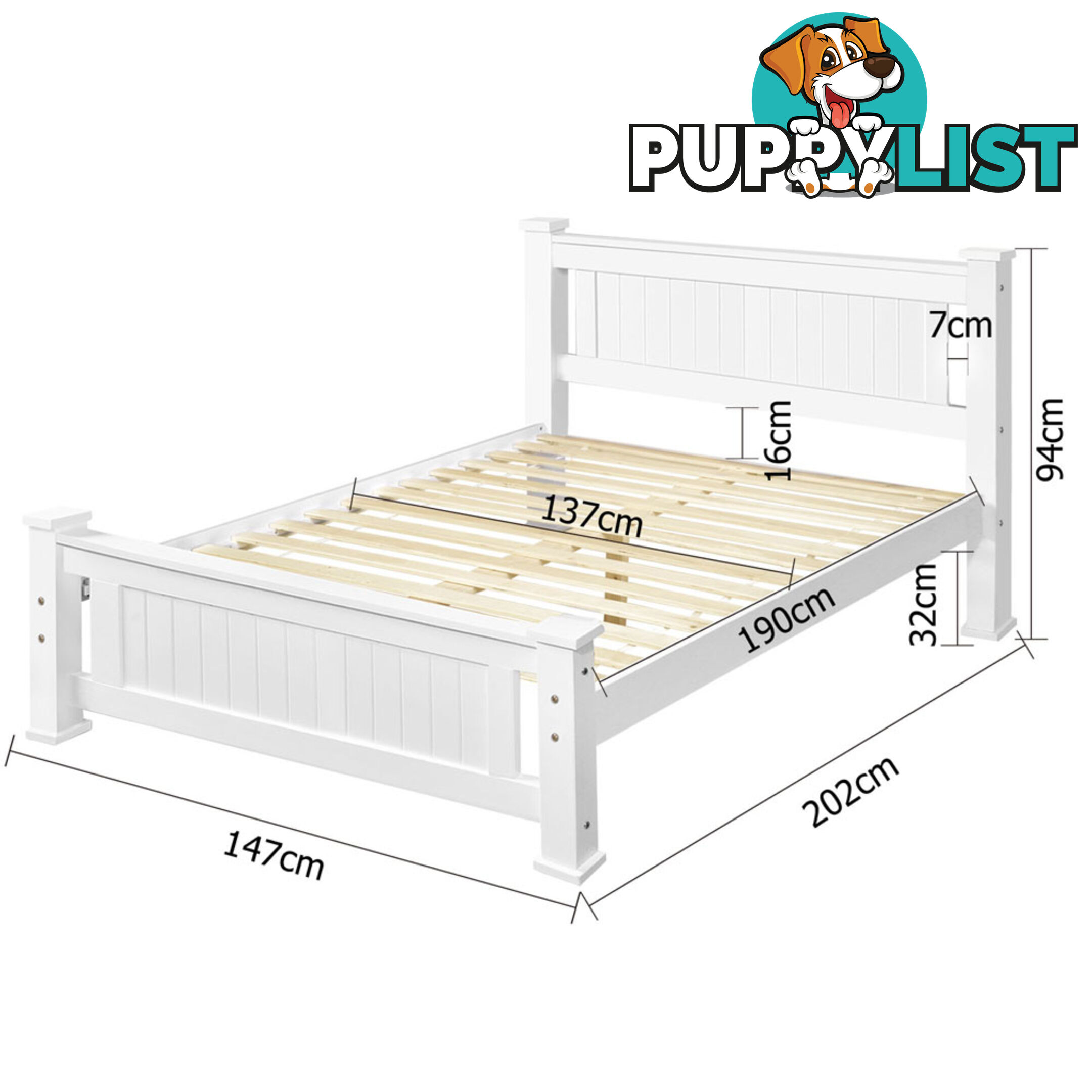 Wooden Bed Frame Pine Wood Double White