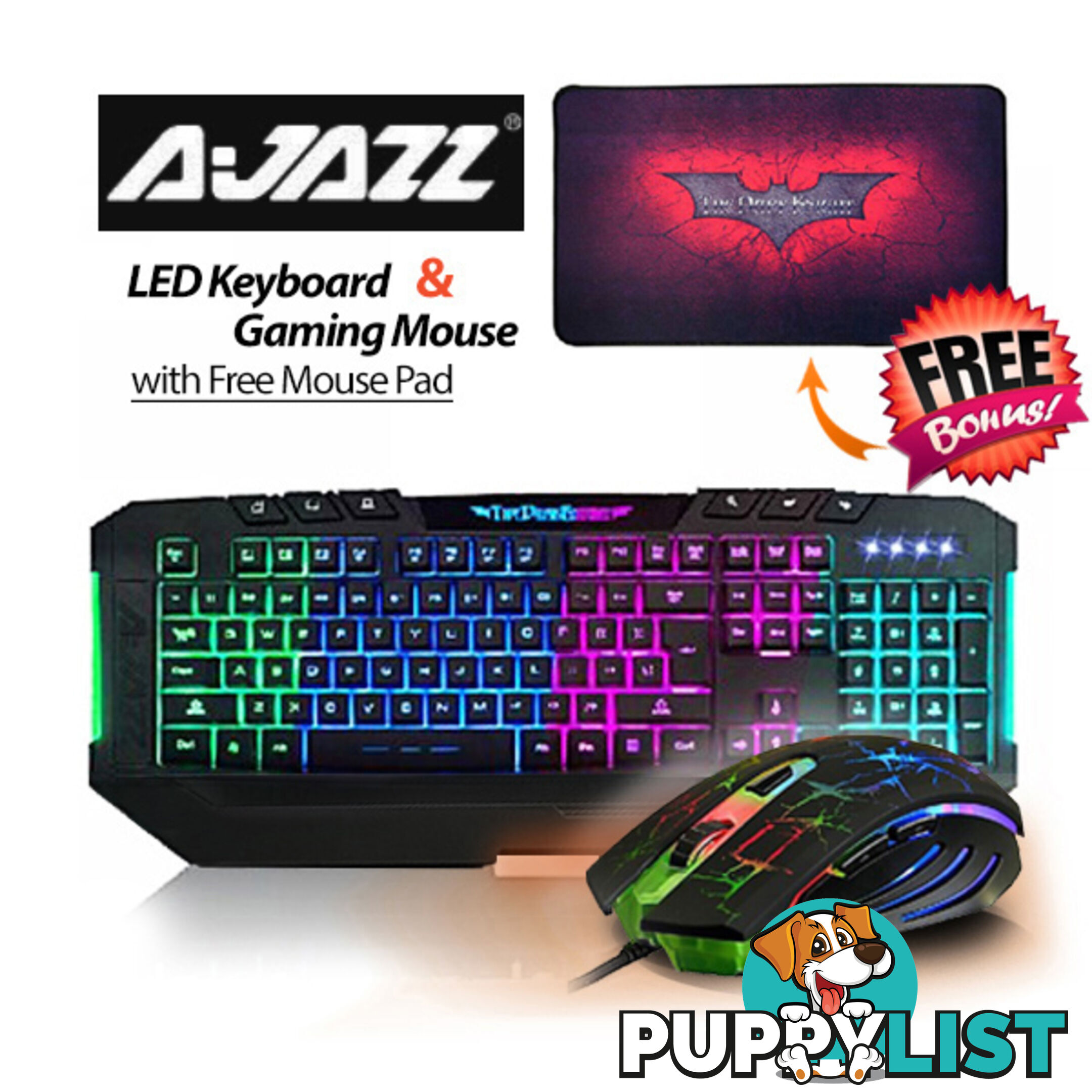 Ajazz Dark Knight 7 Backlight LED Keyboard and 7 LED Colors 2400DPI 6 Button USB Gaming Mouse with Free Gaming Mouse Pad Set