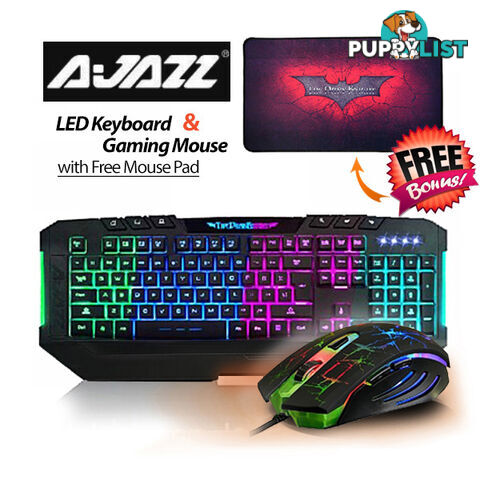 Ajazz Dark Knight 7 Backlight LED Keyboard and 7 LED Colors 2400DPI 6 Button USB Gaming Mouse with Free Gaming Mouse Pad Set