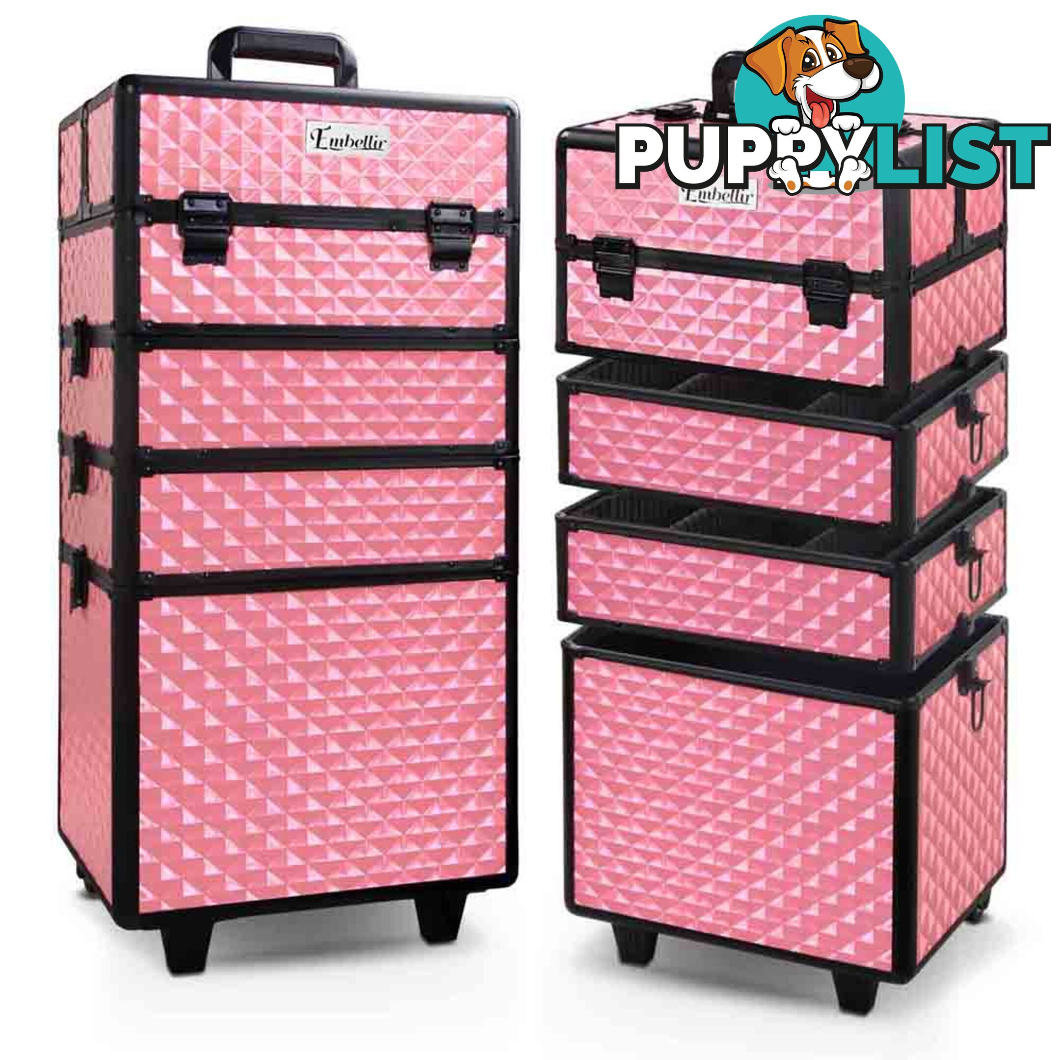 7 in 1 Portable Beauty Make up Cosmetic Trolley Case Pink