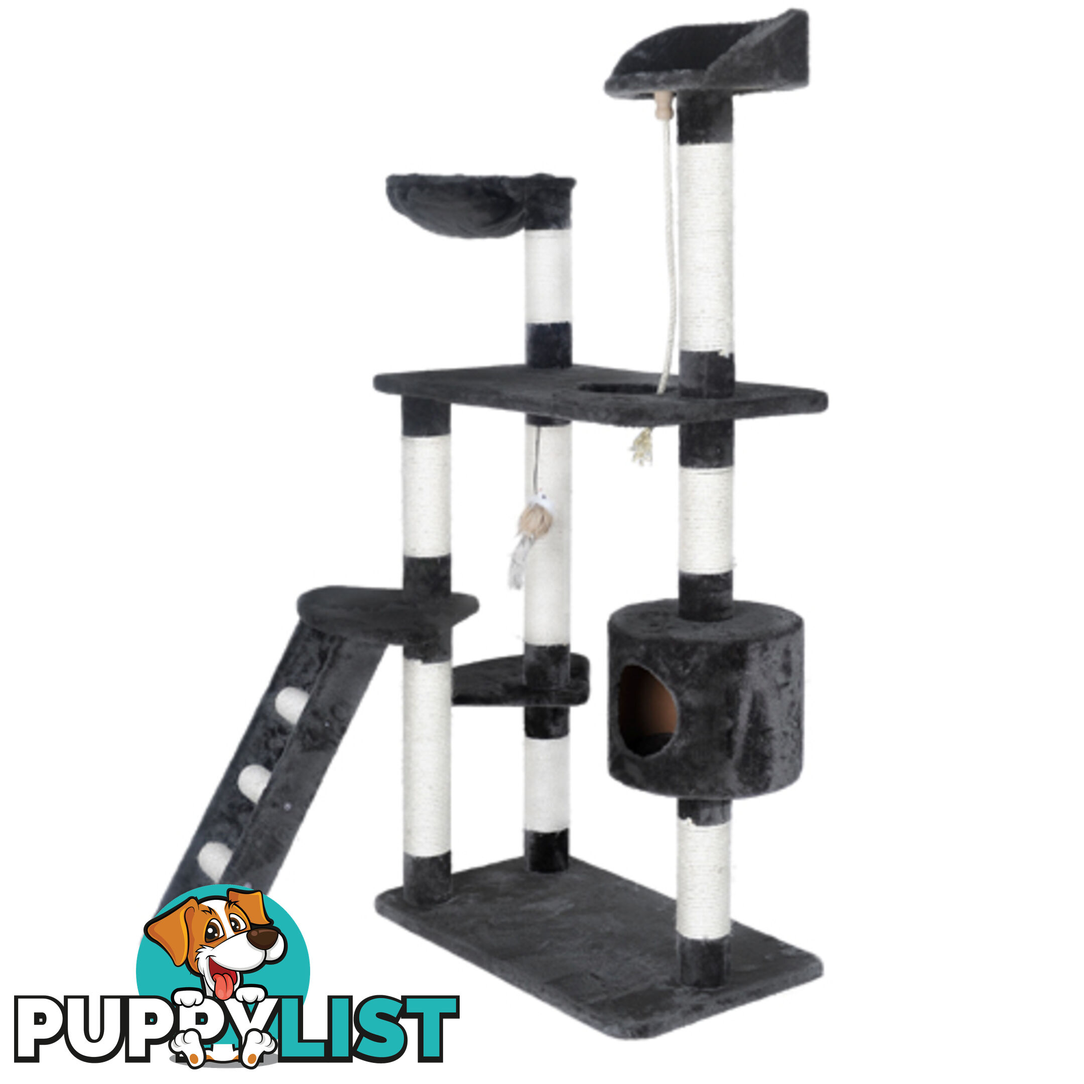 Multi Level Cat Scratching Poles Tree w/ Ladder Grey