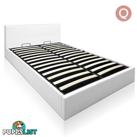 Deluxe Gas Lift PU Leather Storage Bed Frame Queen White