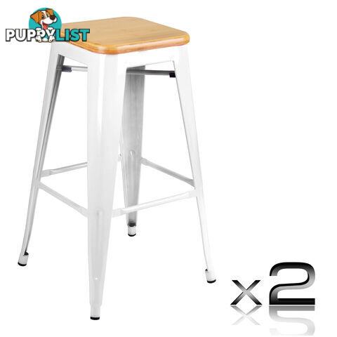 Set of 2 Tolix Replica Metal Steel Bamboo Seat Bar stool 76 cm White