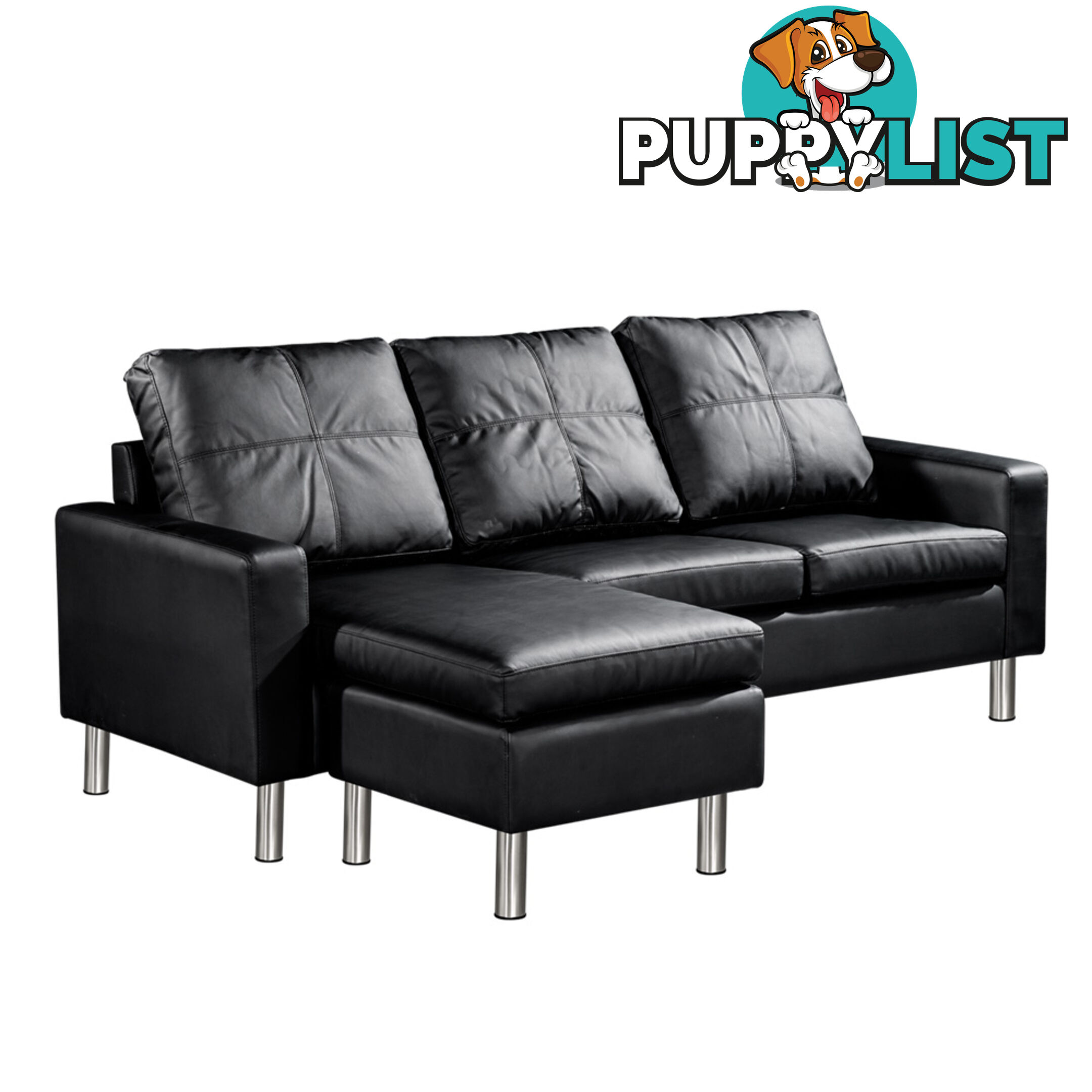 Four Seater Faux Leather Sofa with Ottoman Black