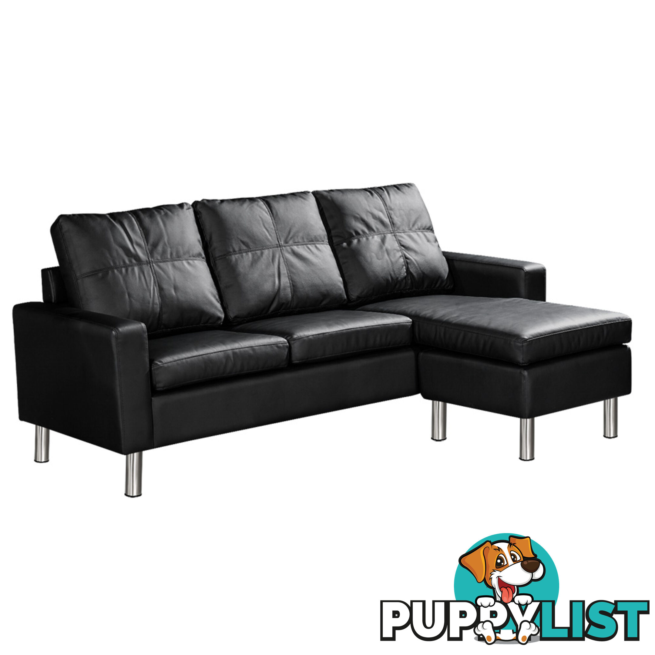 Four Seater Faux Leather Sofa with Ottoman Black