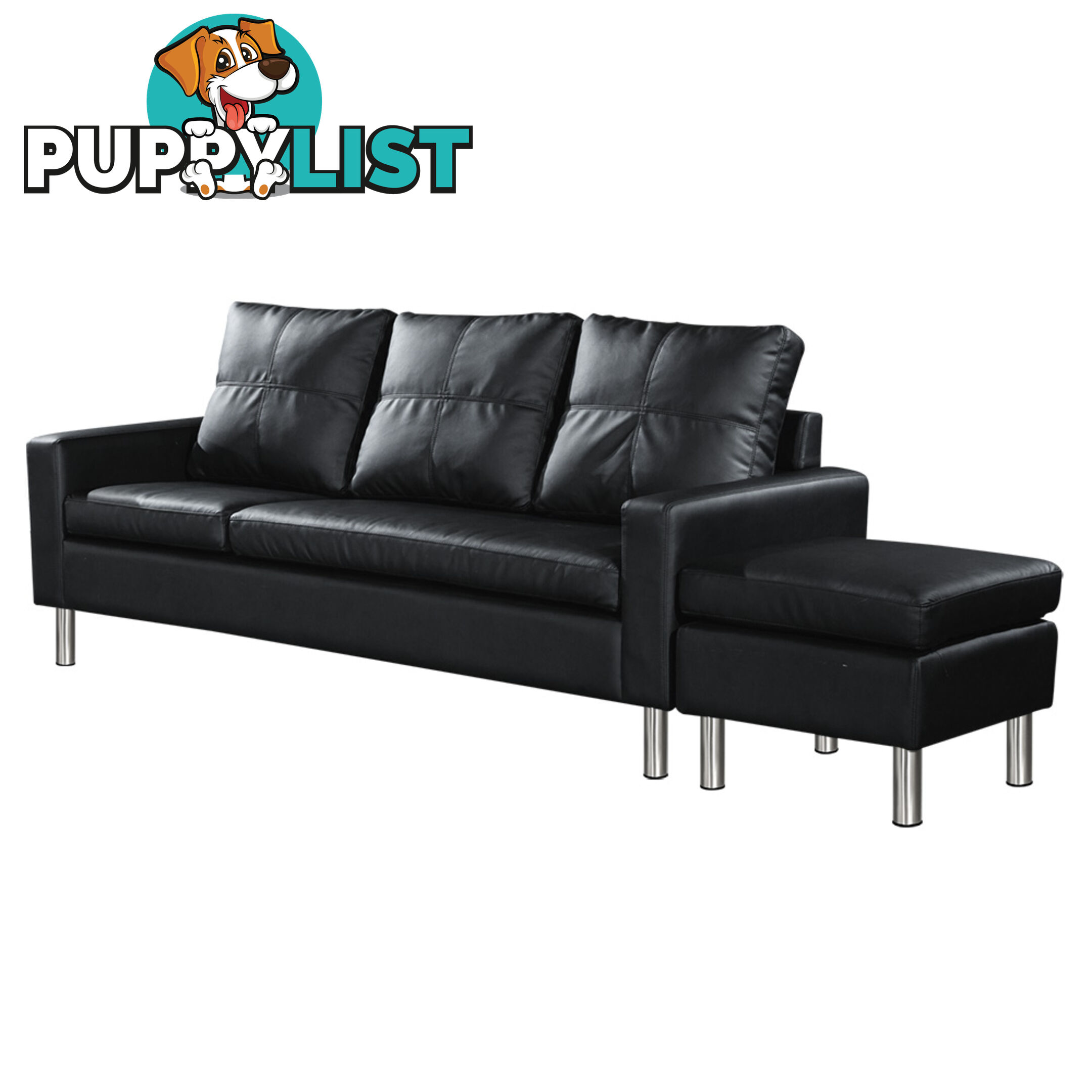 Four Seater Faux Leather Sofa with Ottoman Black