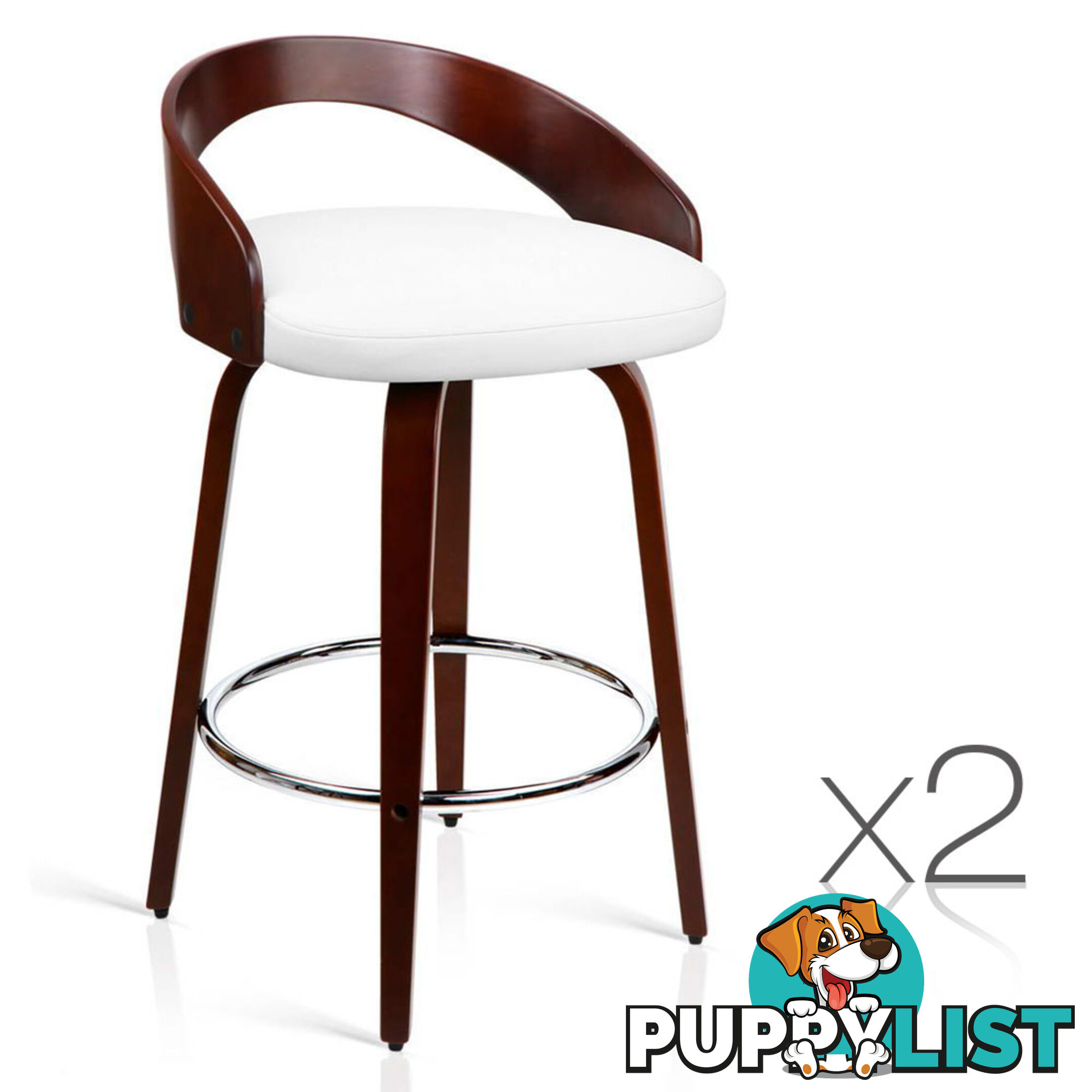 Set of 2 Cherry Wood Bar Stools with Chrome Footrest