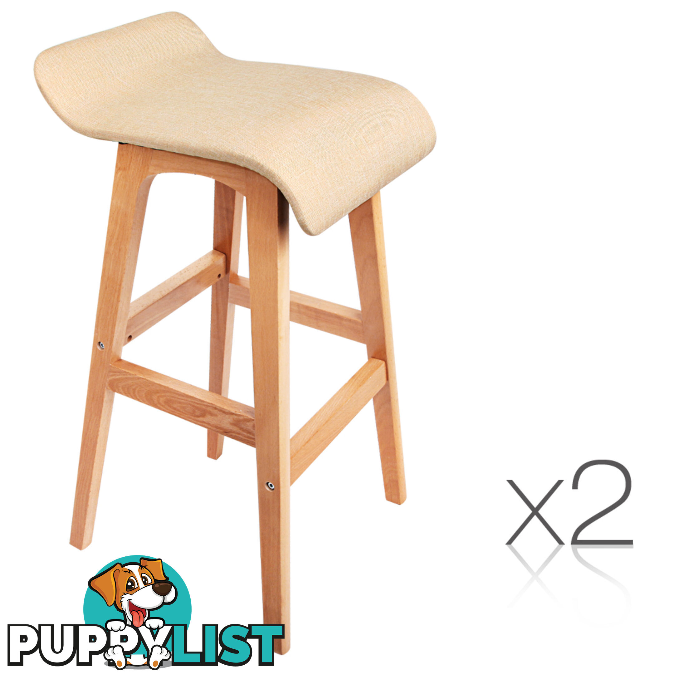 2 x Beech Wood Fabric Bar Stools - Beige