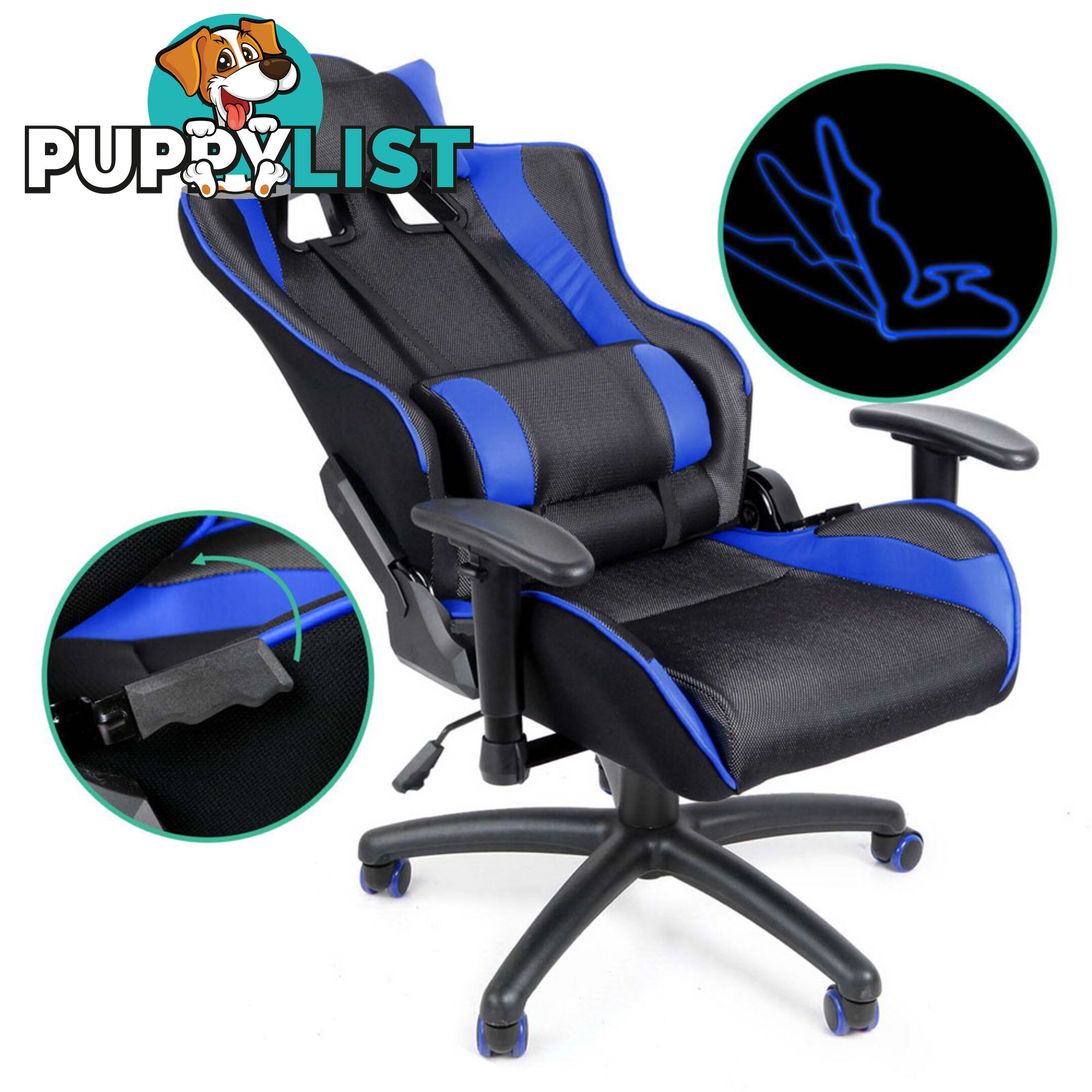 PU Leather & Mesh Reclining Office Desk Gaming Executive Chair - Blue