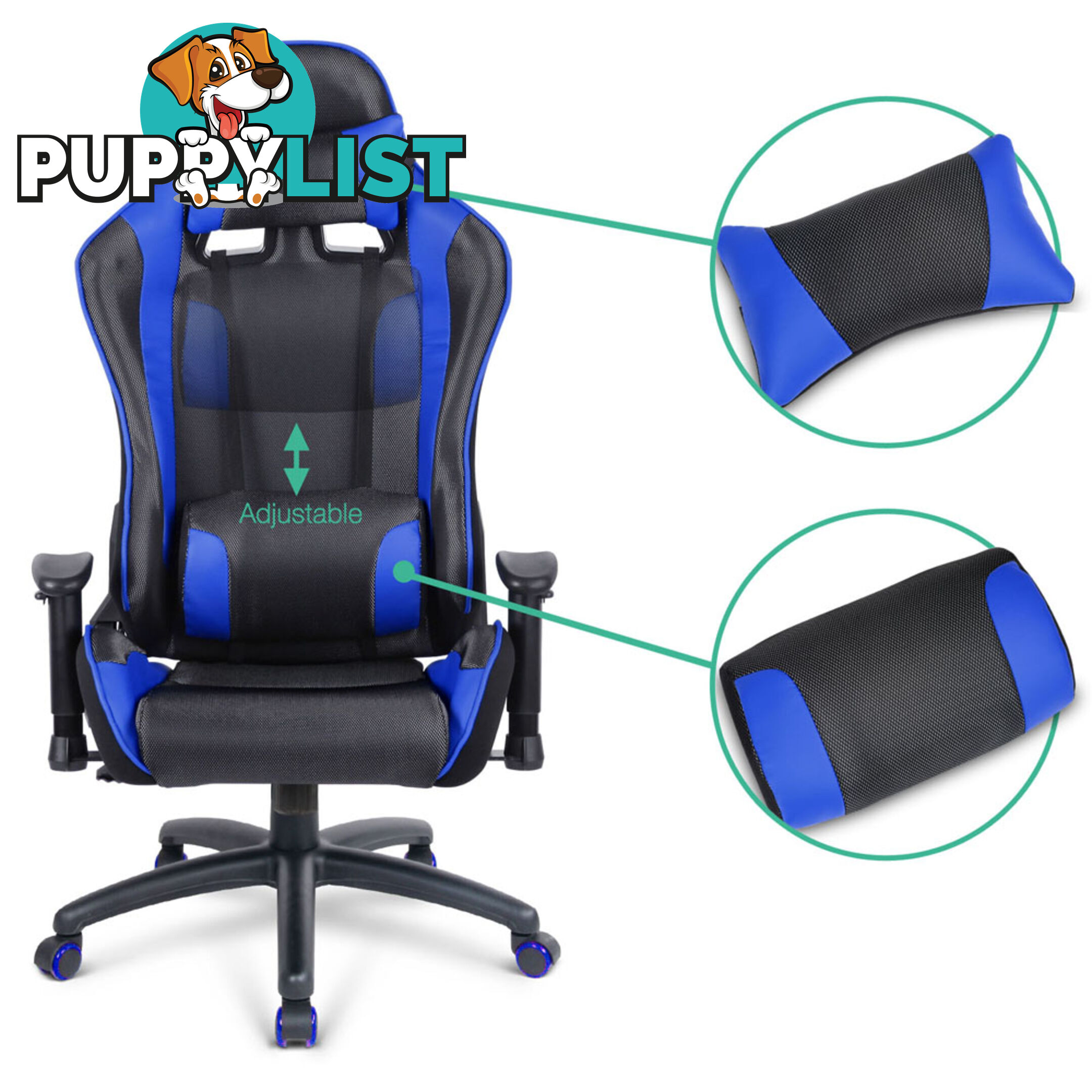 PU Leather & Mesh Reclining Office Desk Gaming Executive Chair - Blue