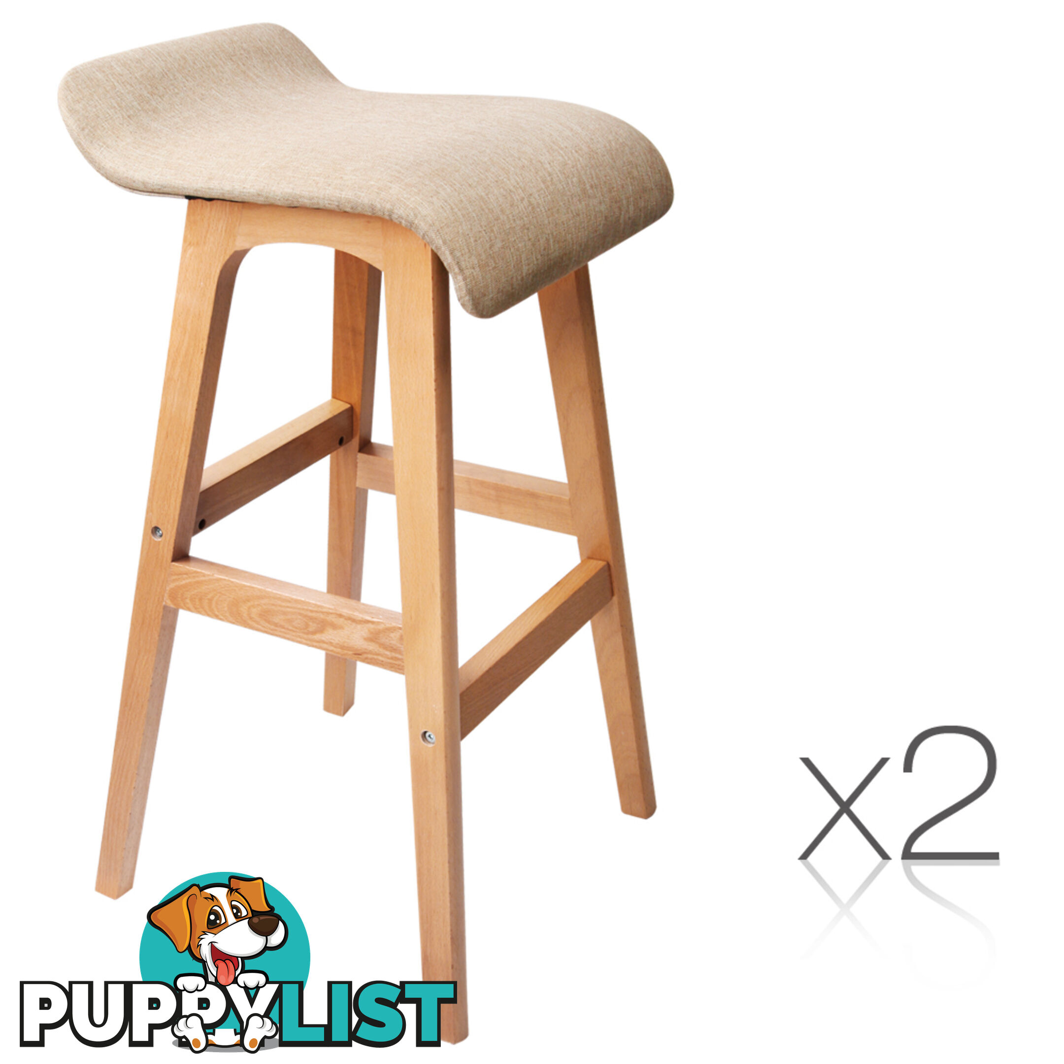 2 x Beech Wood Fabric Bar Stools - Taupe