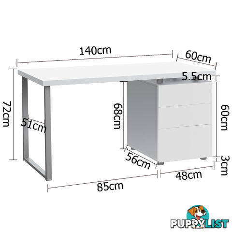 Office Study Computer Desk w/ 3 Drawer Cabinet White