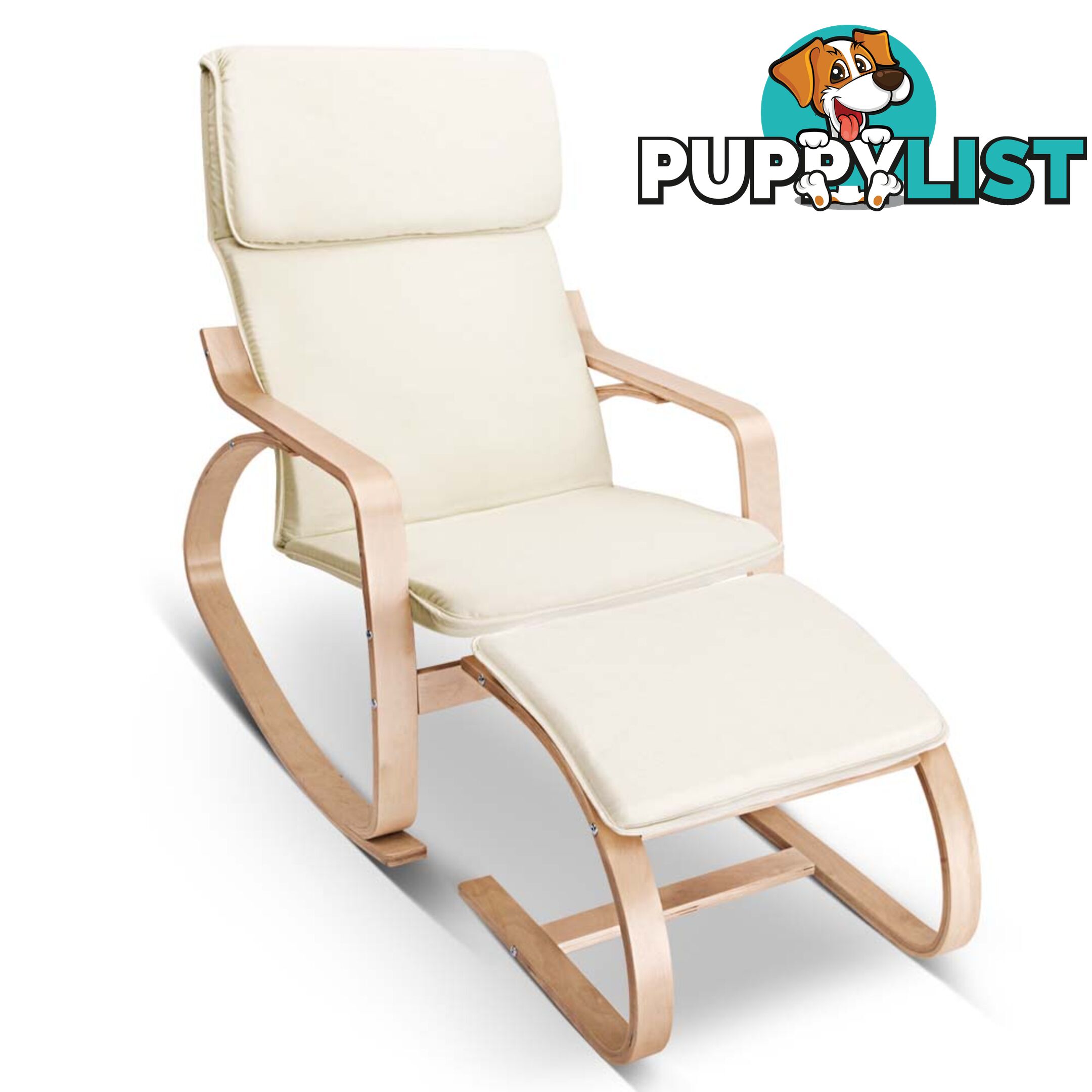 Birch Plywood Fabric Lounge Rocking Chair - Beige - with Foot Stool