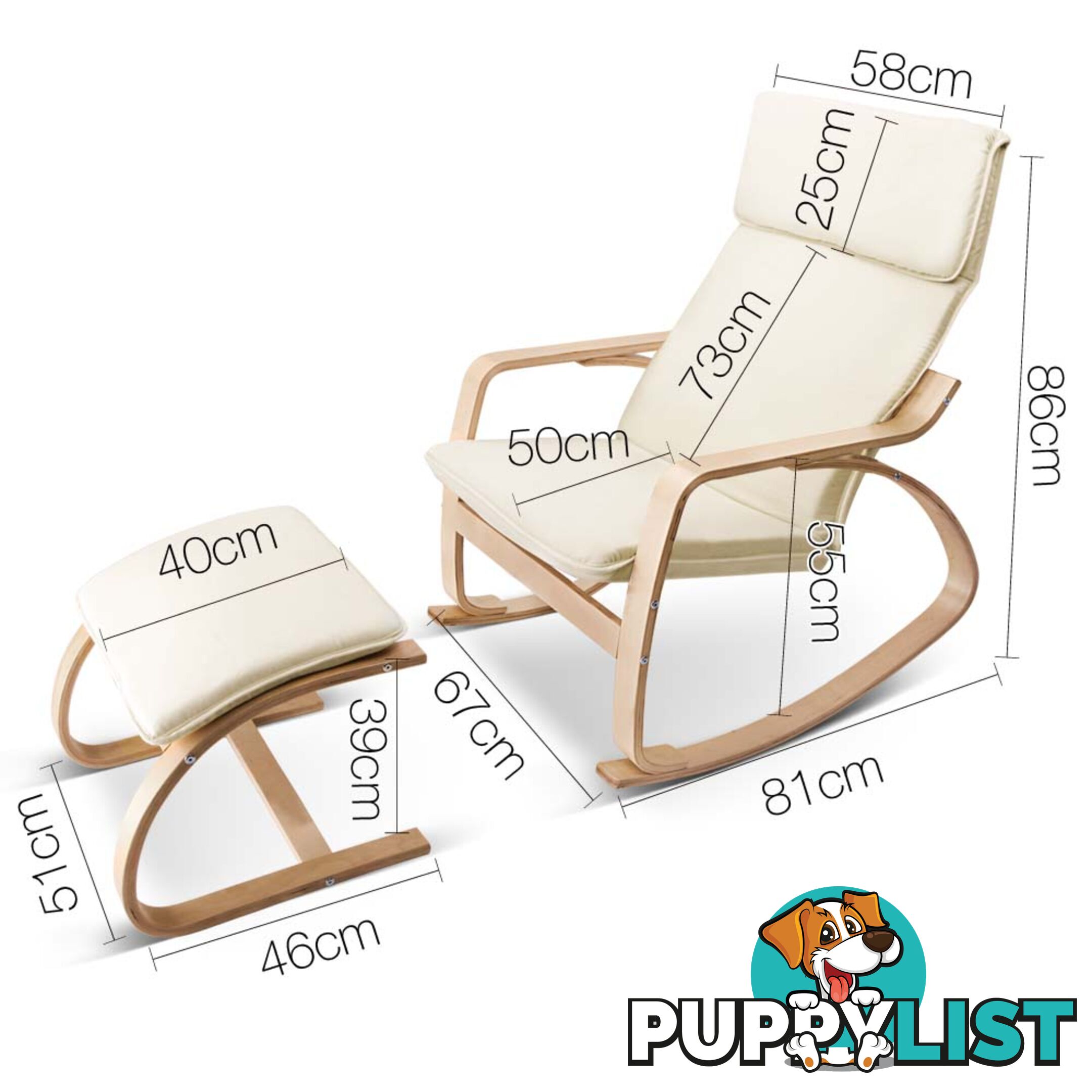 Birch Plywood Fabric Lounge Rocking Chair - Beige - with Foot Stool
