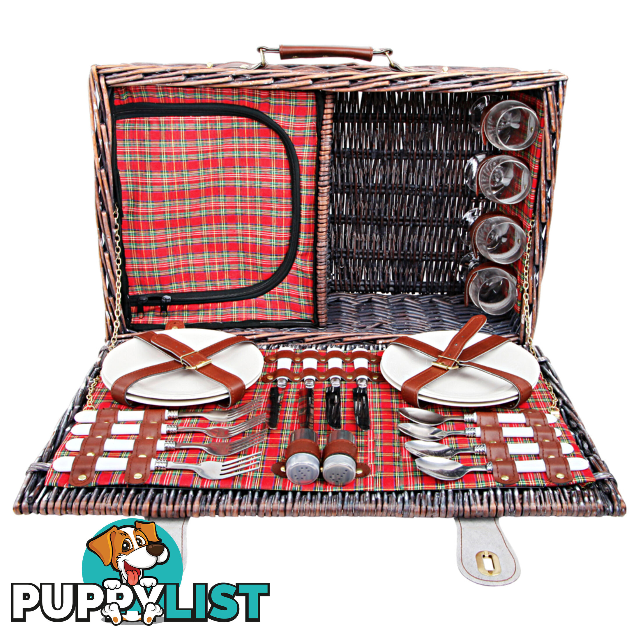 4 Person Picnic Basket Set w/ Cooler Bag Blanket