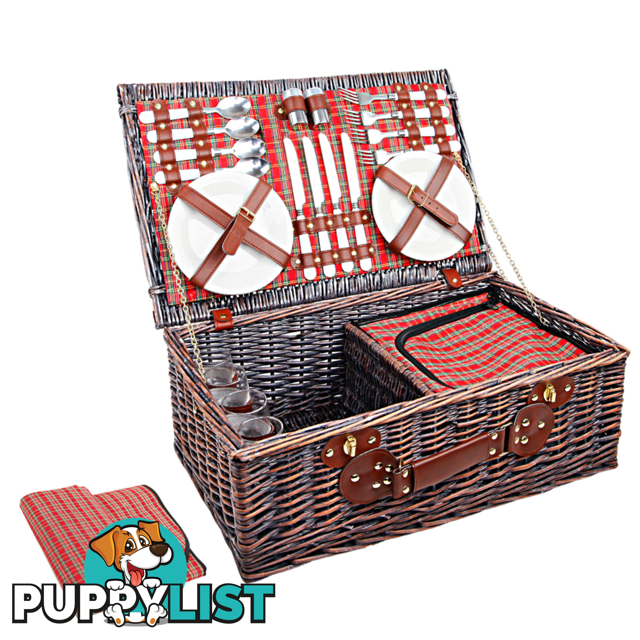 4 Person Picnic Basket Set w/ Cooler Bag Blanket