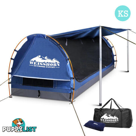 King Single Camping Canvas Swag with Mattress and Air Pillow - Blue