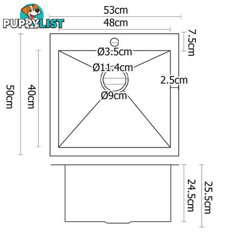 Stainless Steel Kitchen Laundry Sink w/ Strainer Waste 530 x 500mm