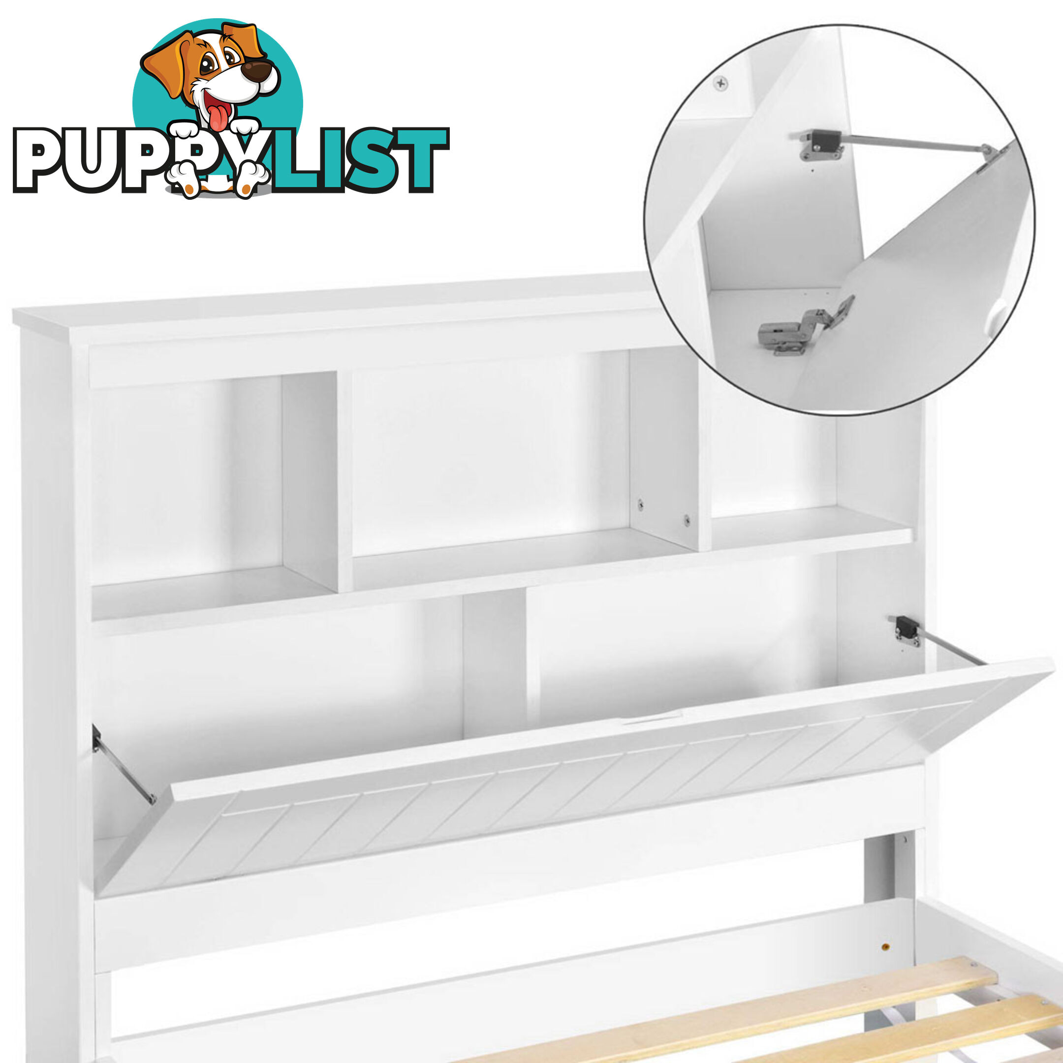 King Single Wooden Bedframe with Storage Shelf  - White