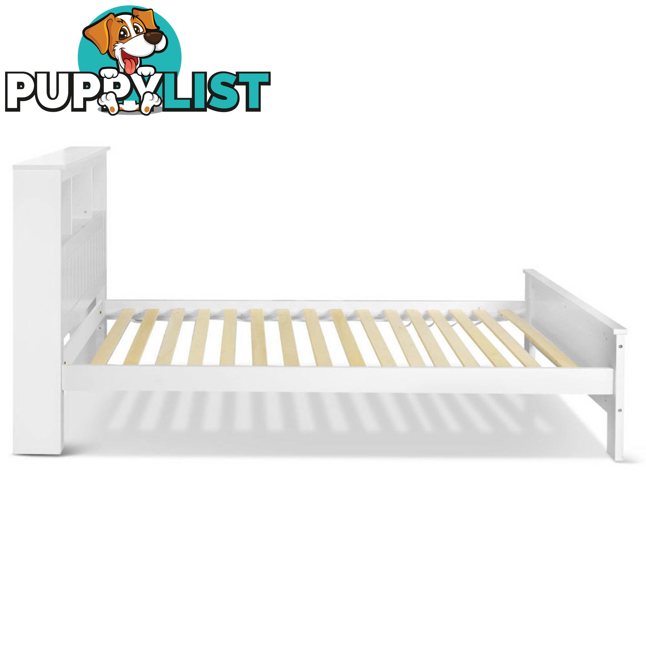 King Single Wooden Bedframe with Storage Shelf  - White