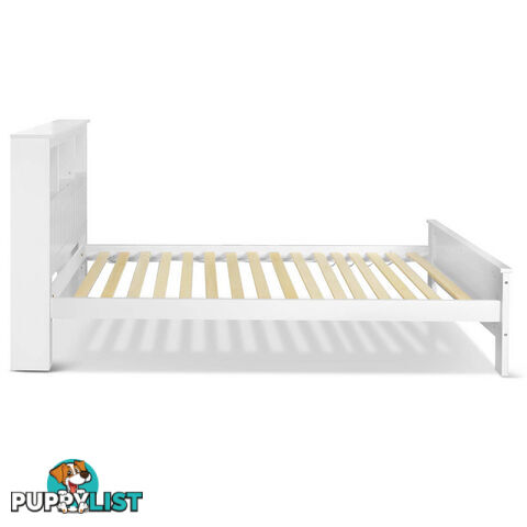 King Single Wooden Bedframe with Storage Shelf  - White