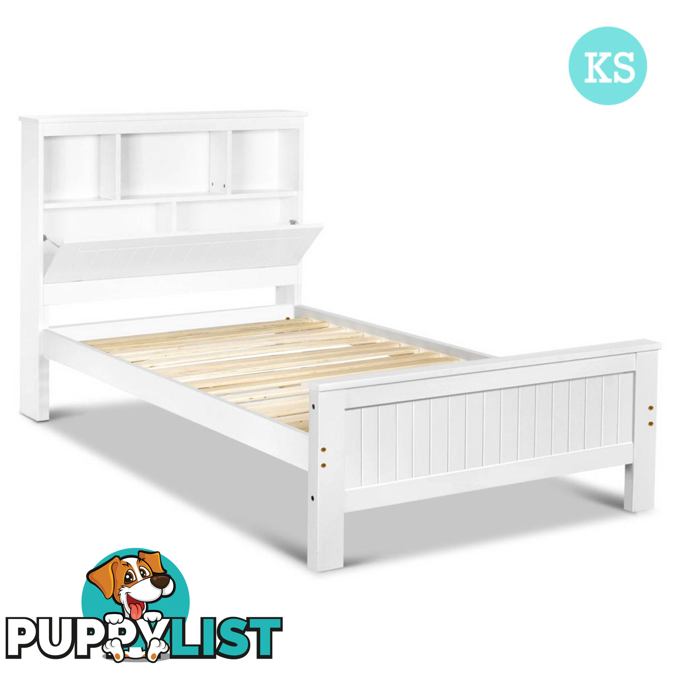 King Single Wooden Bedframe with Storage Shelf  - White