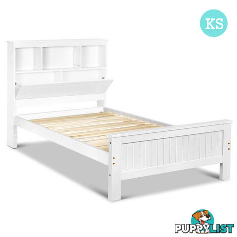 King Single Wooden Bedframe with Storage Shelf  - White