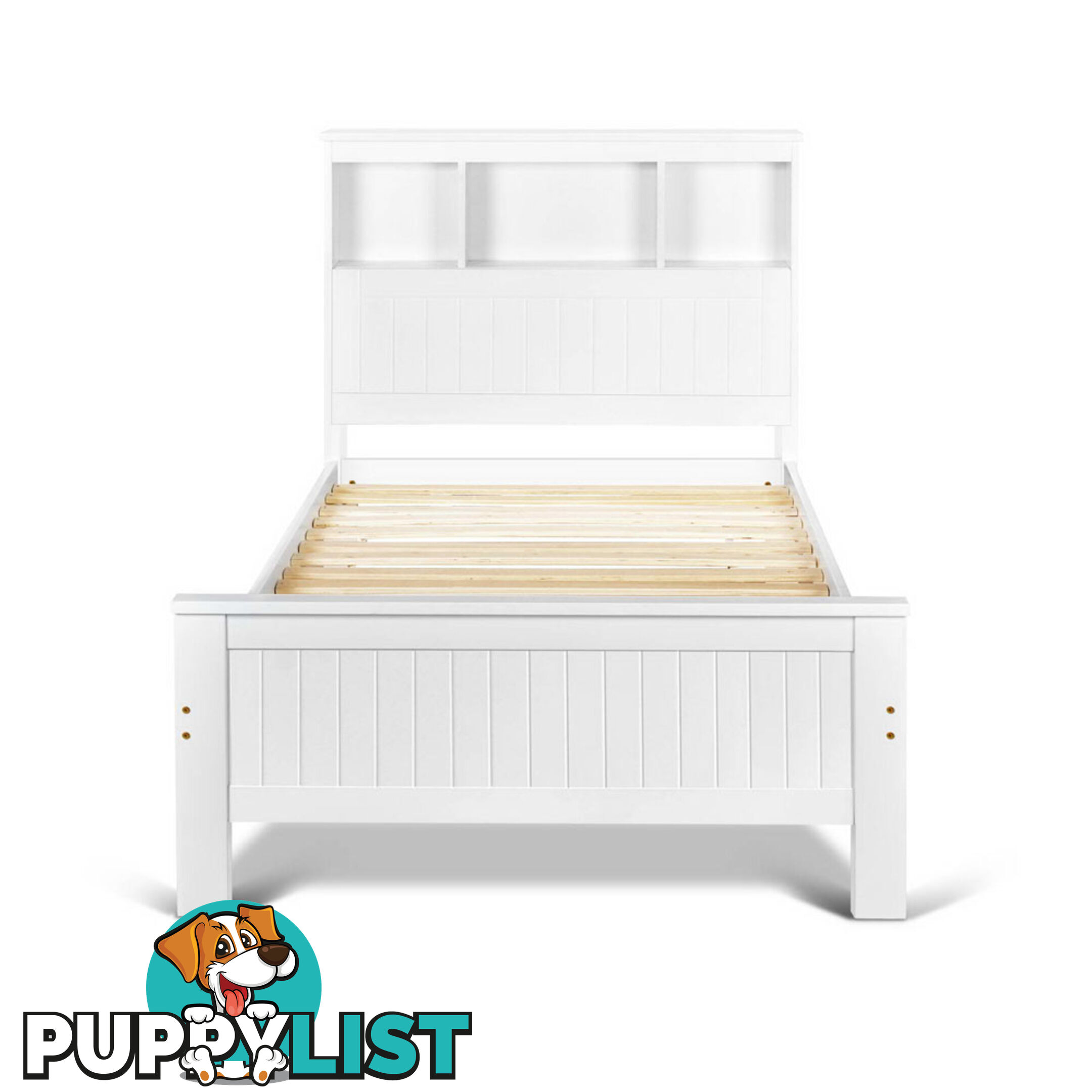 King Single Wooden Bedframe with Storage Shelf  - White