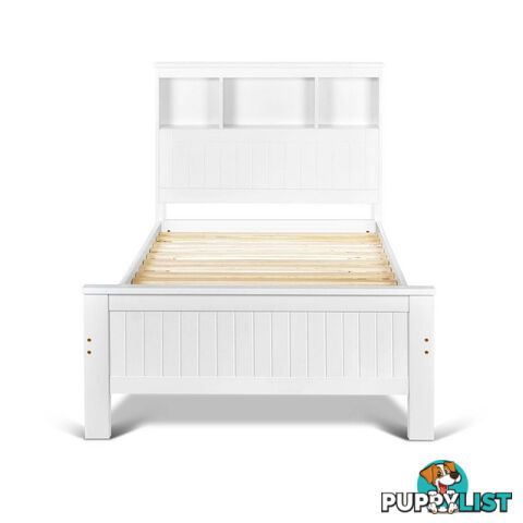 King Single Wooden Bedframe with Storage Shelf  - White