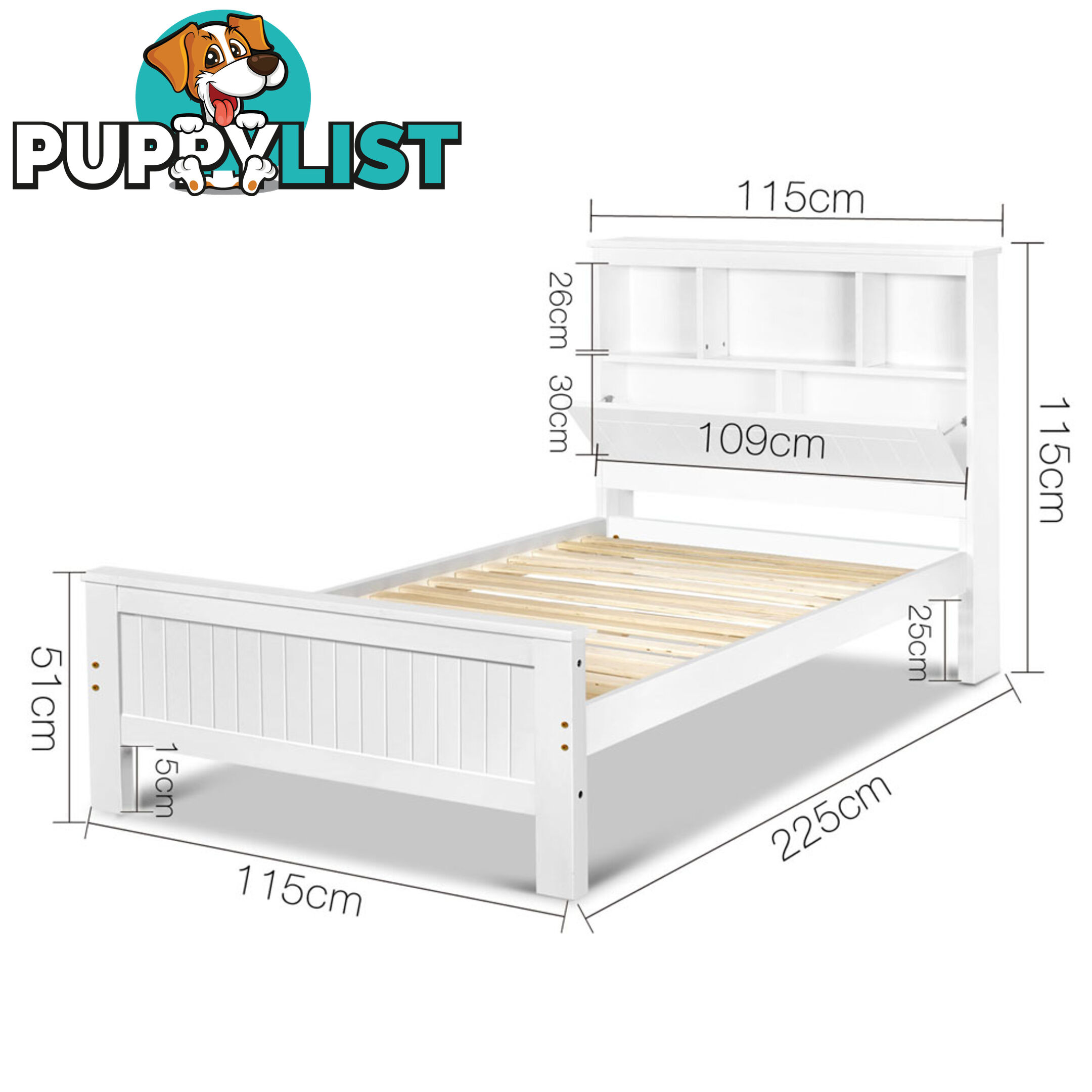 King Single Wooden Bedframe with Storage Shelf  - White