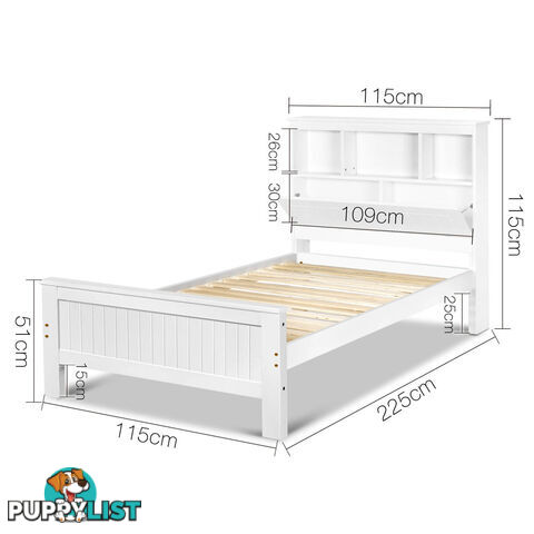 King Single Wooden Bedframe with Storage Shelf  - White