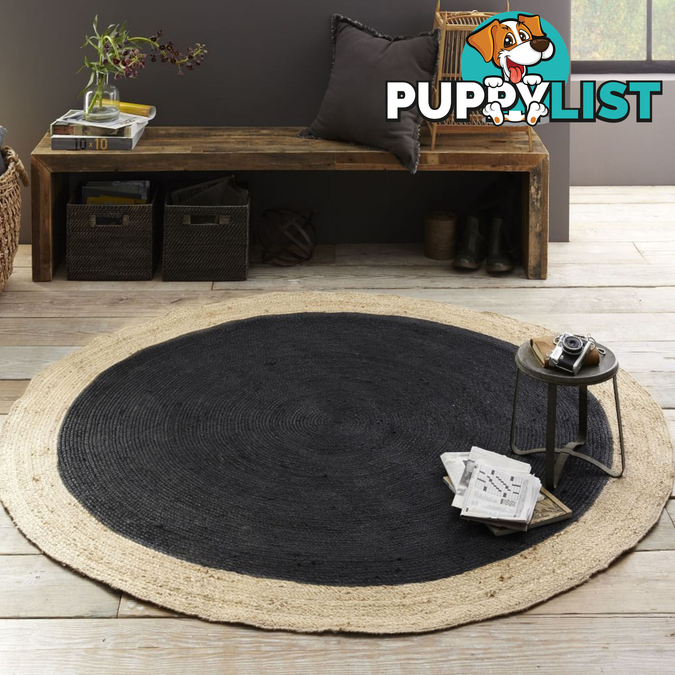 Jute Round Black Rug Black & Natural 120x120cm