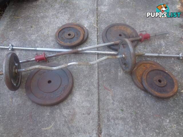 Assorted bench weights plates and bars great condition