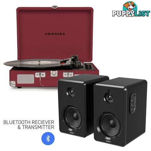 Crosley Cruiser Bluetooth Portable Turntable - Burgundy + Bundled Majority D40 Bluetooth Speakers - Black - 782706322920 - Crosley - 782706322920