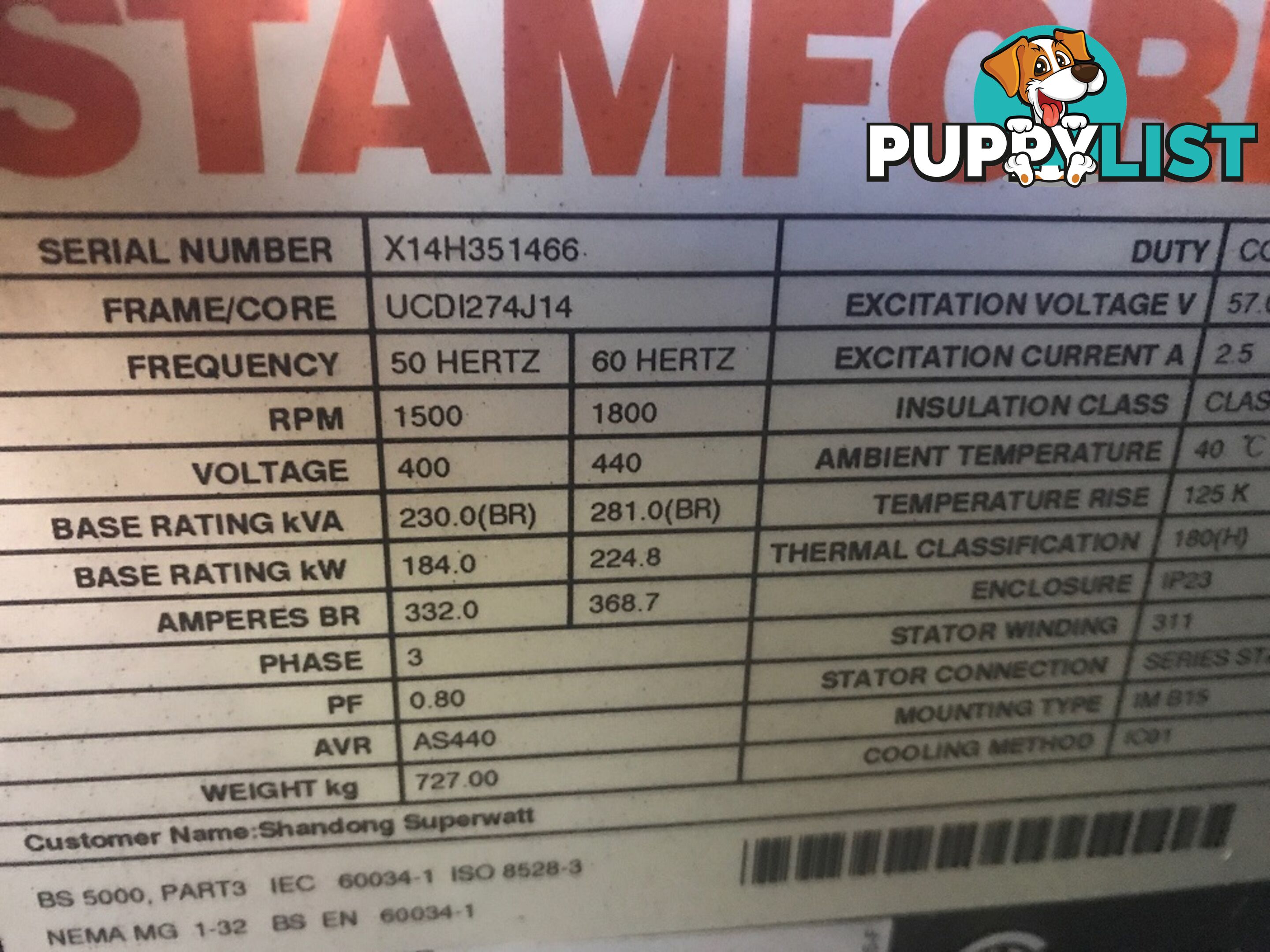 230kVA Stamford Alternator