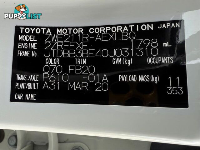 2020 TOYOTA COROLLA ASCENT SPORT (HYBRID) ZWE211R SEDAN