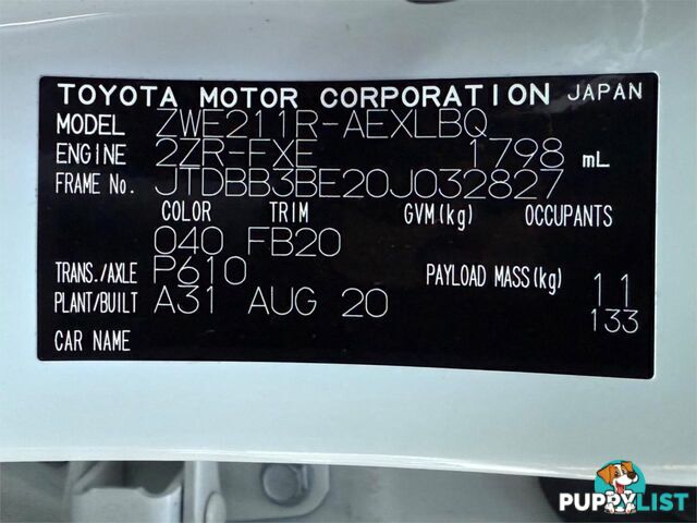 2020 TOYOTA COROLLA ASCENT SPORT (HYBRID) ZWE211R SEDAN