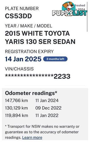 2015 TOYOTA YARIS ASCENT NCP130R MY15 HATCH, 5 DOORS, 5 SEATS