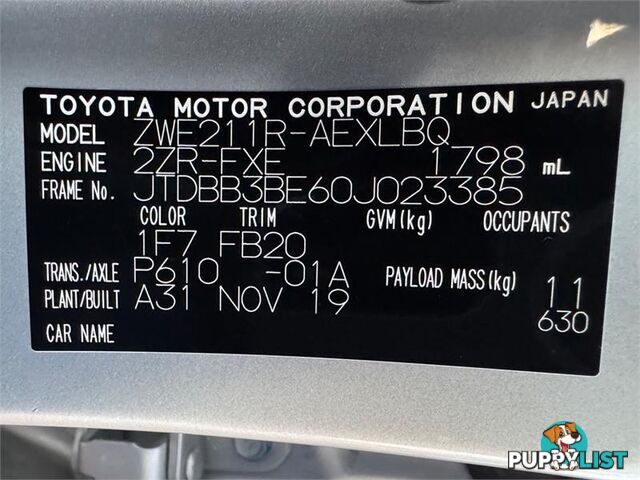 2019 TOYOTA COROLLA ASCENT SPORT (HYBRID) ZWE211R SEDAN