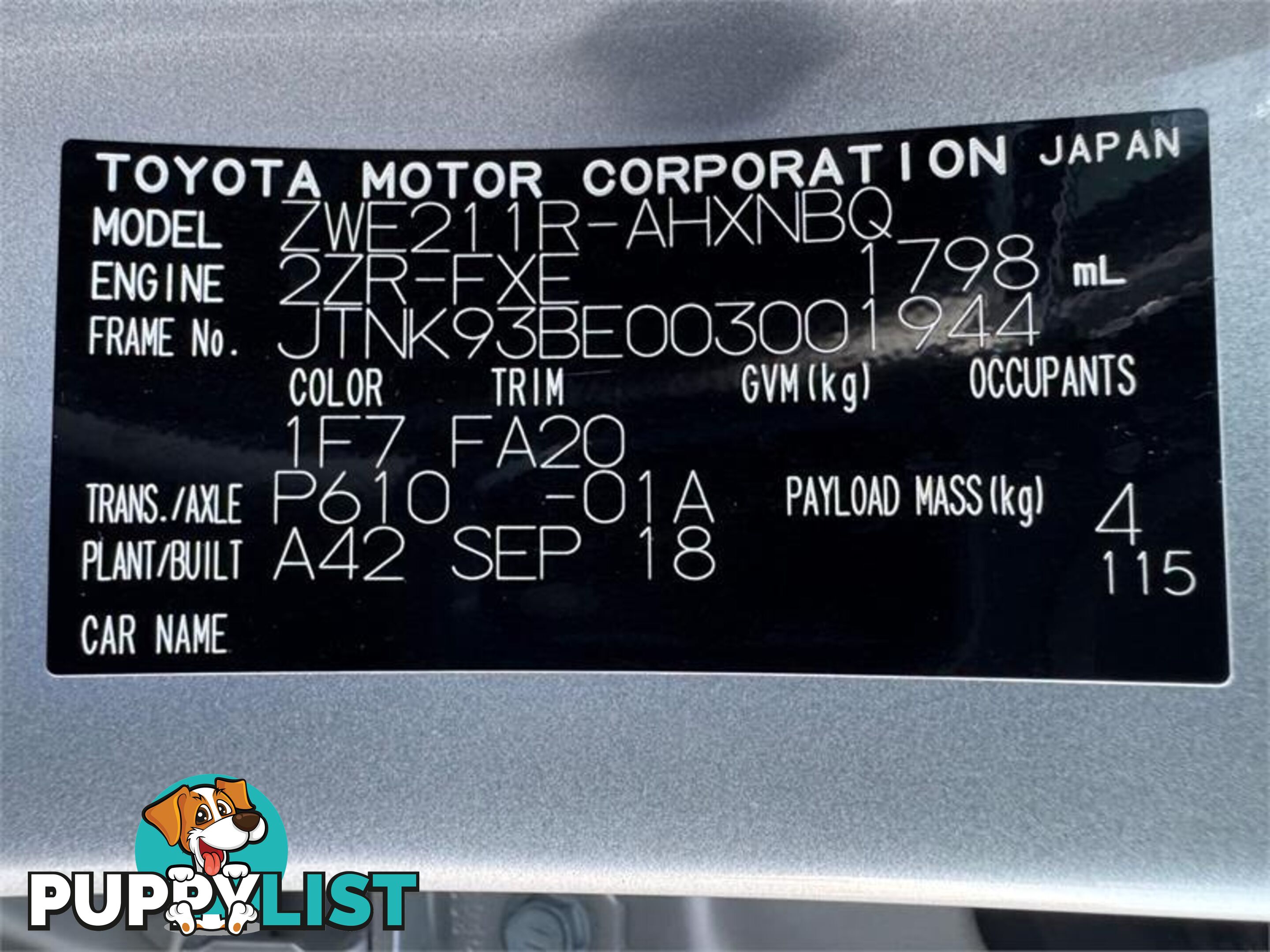 2018 TOYOTA COROLLA ASCENT SPORT (HYBRID) ZWE211R HATCHBACK