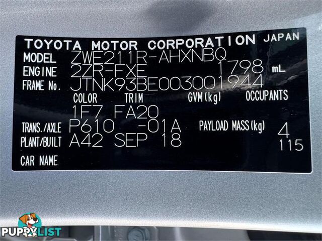 2018 TOYOTA COROLLA ASCENT SPORT (HYBRID) ZWE211R HATCHBACK