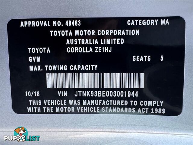 2018 TOYOTA COROLLA ASCENT SPORT (HYBRID) ZWE211R HATCHBACK