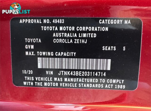 2020 TOYOTA COROLLA SX MZEA12R HATCHBACK