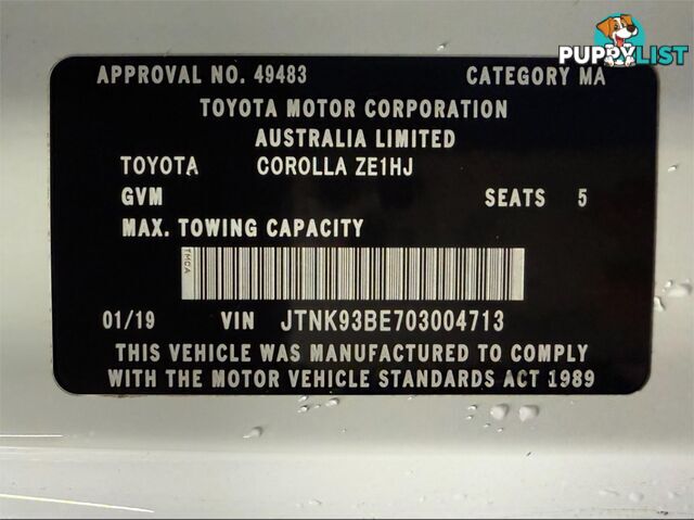 2018 TOYOTA COROLLA ASCENT SPORT (HYBRID) ZWE211R HATCHBACK