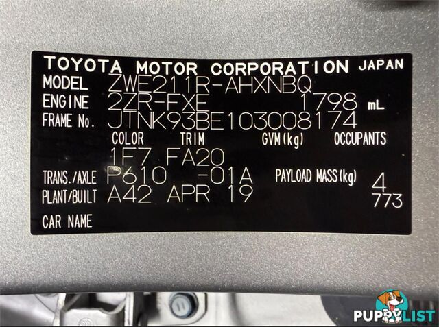 2019 TOYOTA COROLLA ASCENT SPORT (HYBRID) ZWE211R HATCHBACK